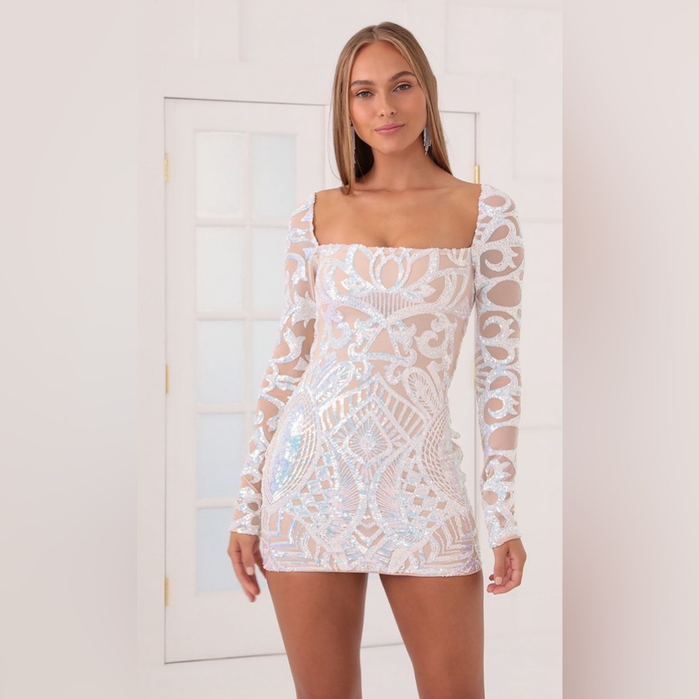 Lucy in the Sky Iridescent Sequin Mesh Dress in Nude